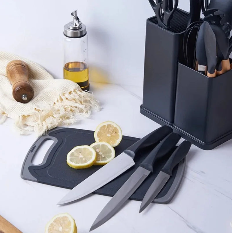 Kit Completo de Utensílios de Cozinha Luxo 19 Peças com Tábua em Silicone - Presente Ideal para sua Cozinha