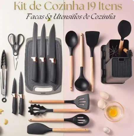 Kit Completo de Utensílios de Cozinha Luxo 19 Peças com Tábua em Silicone - Presente Ideal para sua Cozinha